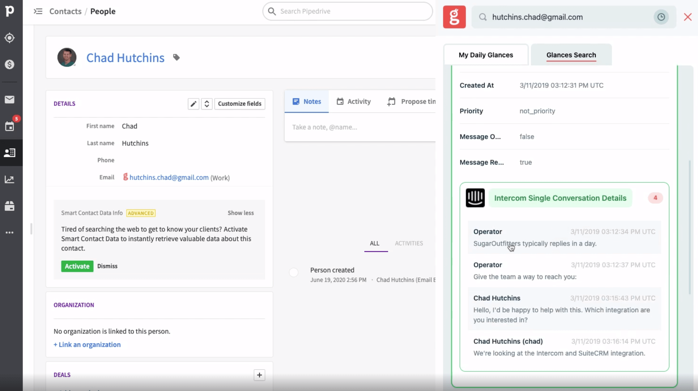 Instantly get Intercom conversation details while in any app, such as Zendesk Screenshot of Glances displaying an Intercom conversation while logged into Zendesk